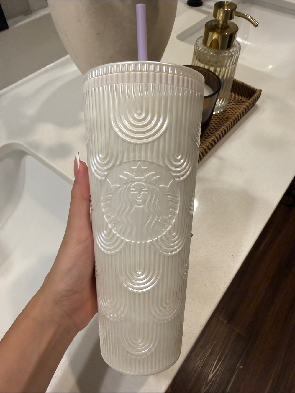 Starbucks Pearl White Embossed Tumbler with Lilac Straw
